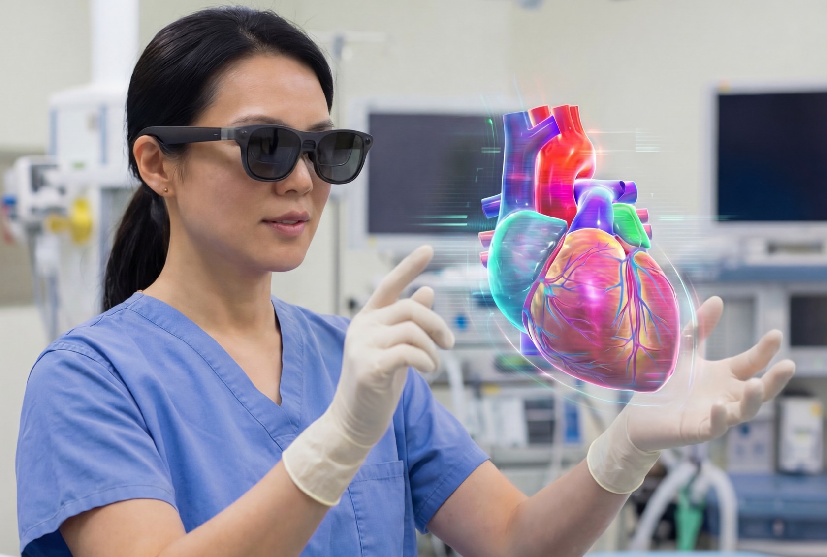 Doctor teaching with a 3D anatomical hologram in spatial XR
