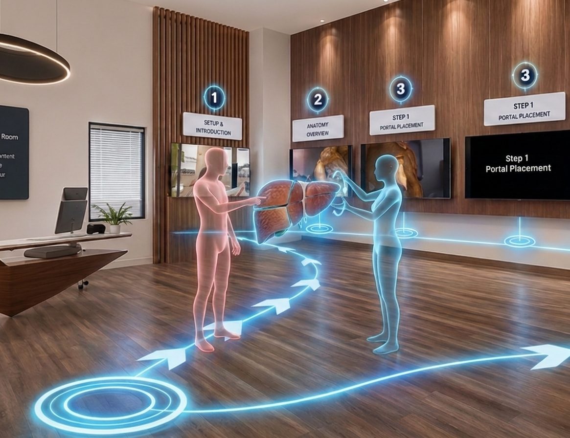 HoloMedicine Spaces VR learning room with step-by-step training stations